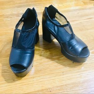 Black Lace/Mesh Open-Toed Platform Heels
